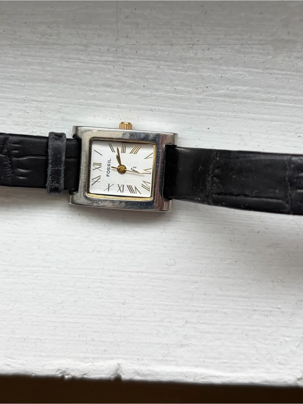 Fossil Silver-Tone Rectangular Watch with Black Strap